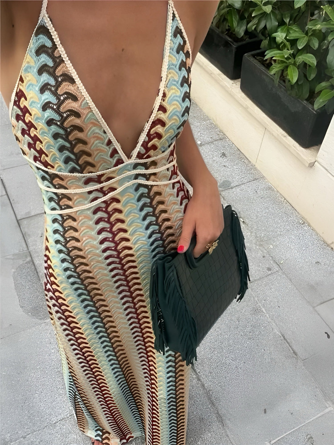 Boho Crochet Maxikleid mit buntem Muster