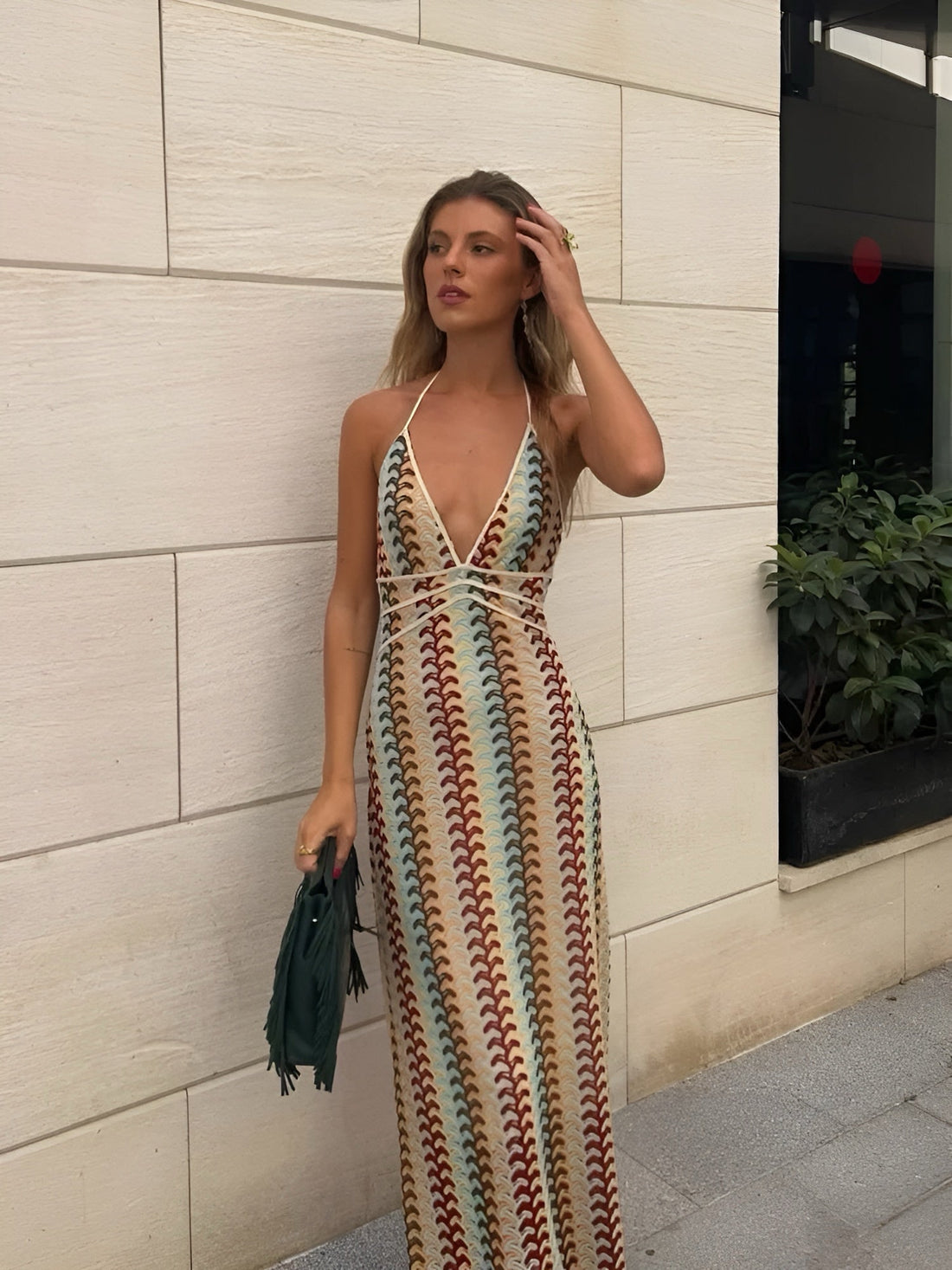 Boho Crochet Maxikleid mit buntem Muster