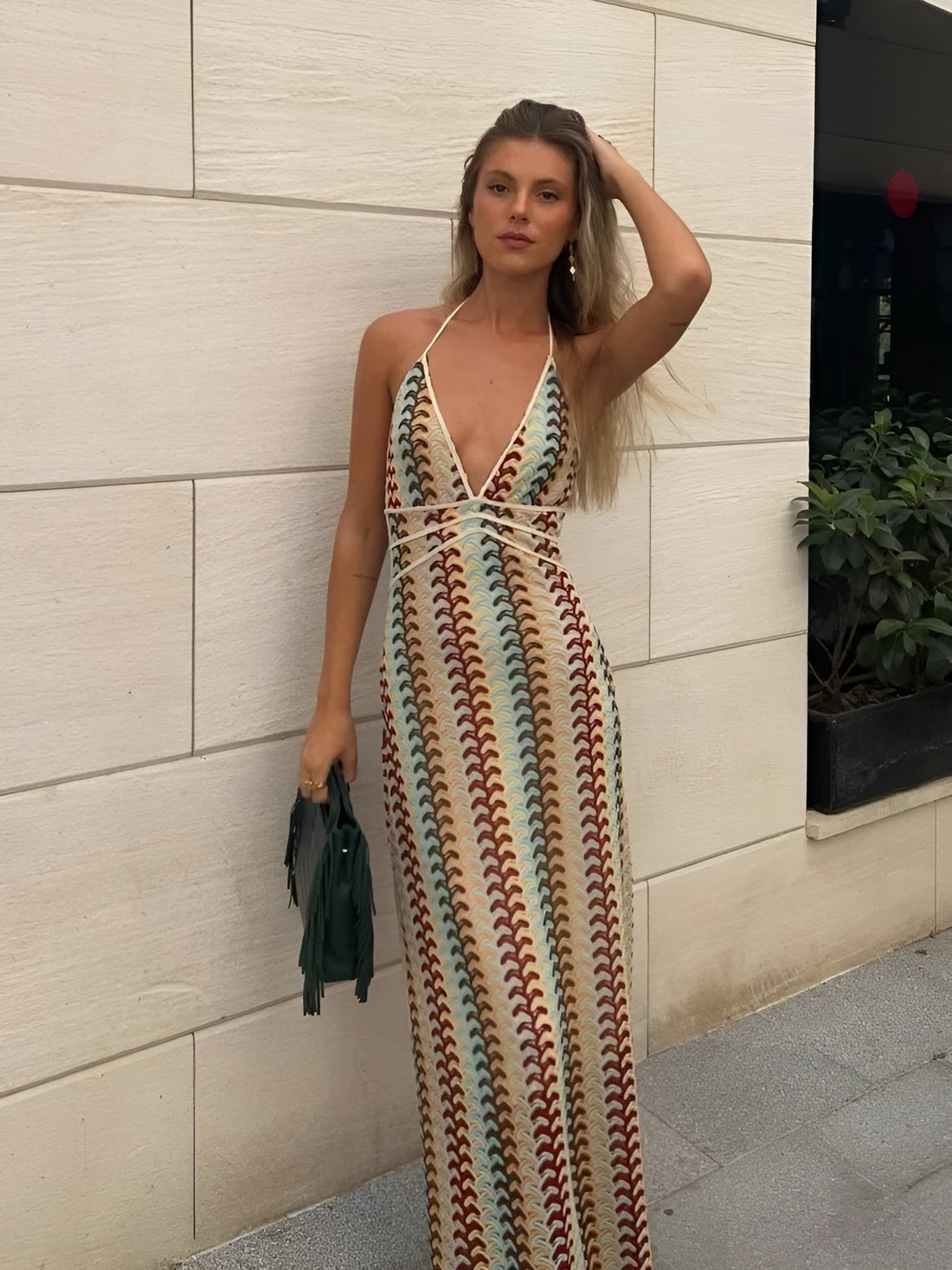 Boho Crochet Maxikleid mit buntem Muster