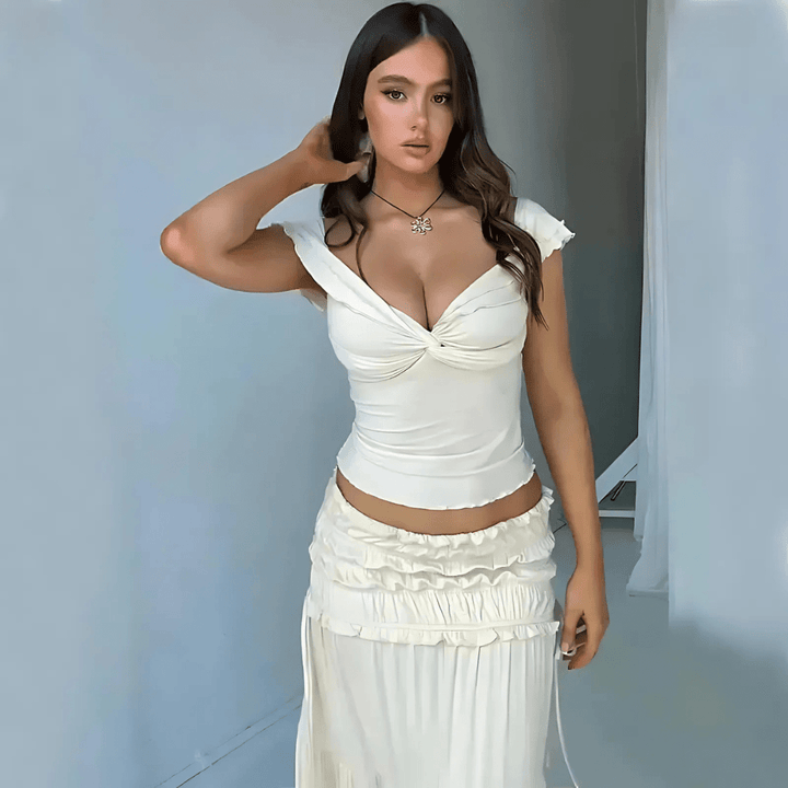 Boho Sommerkleid Zweiteiler – Rüschenset in Creme
